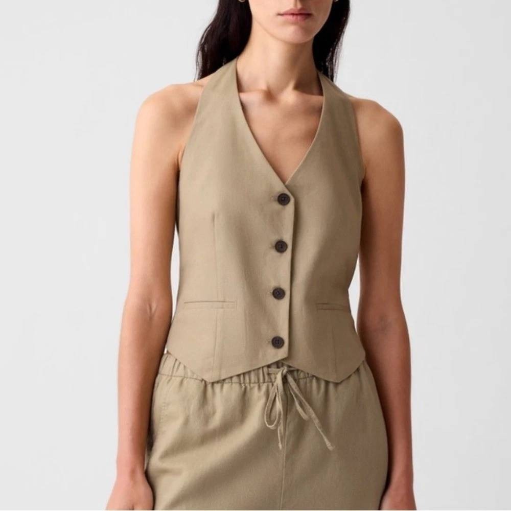Gap Iconic Khaki Linen Blend Halter Vest Tank Smocked Back 2024 Tan Large